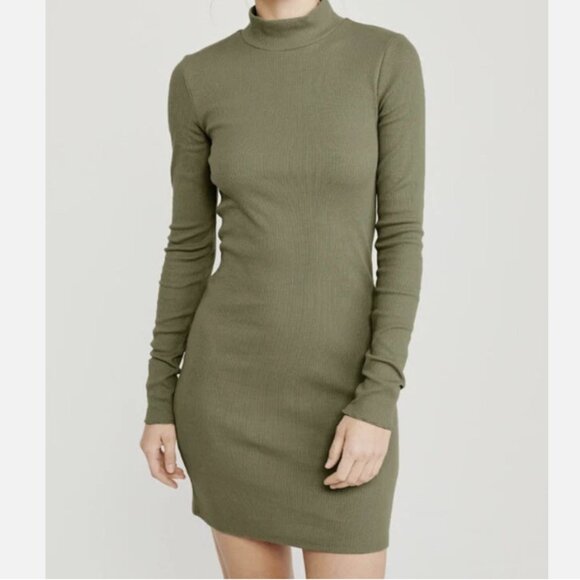 Abercrombie & Fitch Ribbed Long Sleeve Mock Neck Mini Dress Olive Green Size M - Picture 1 of 8